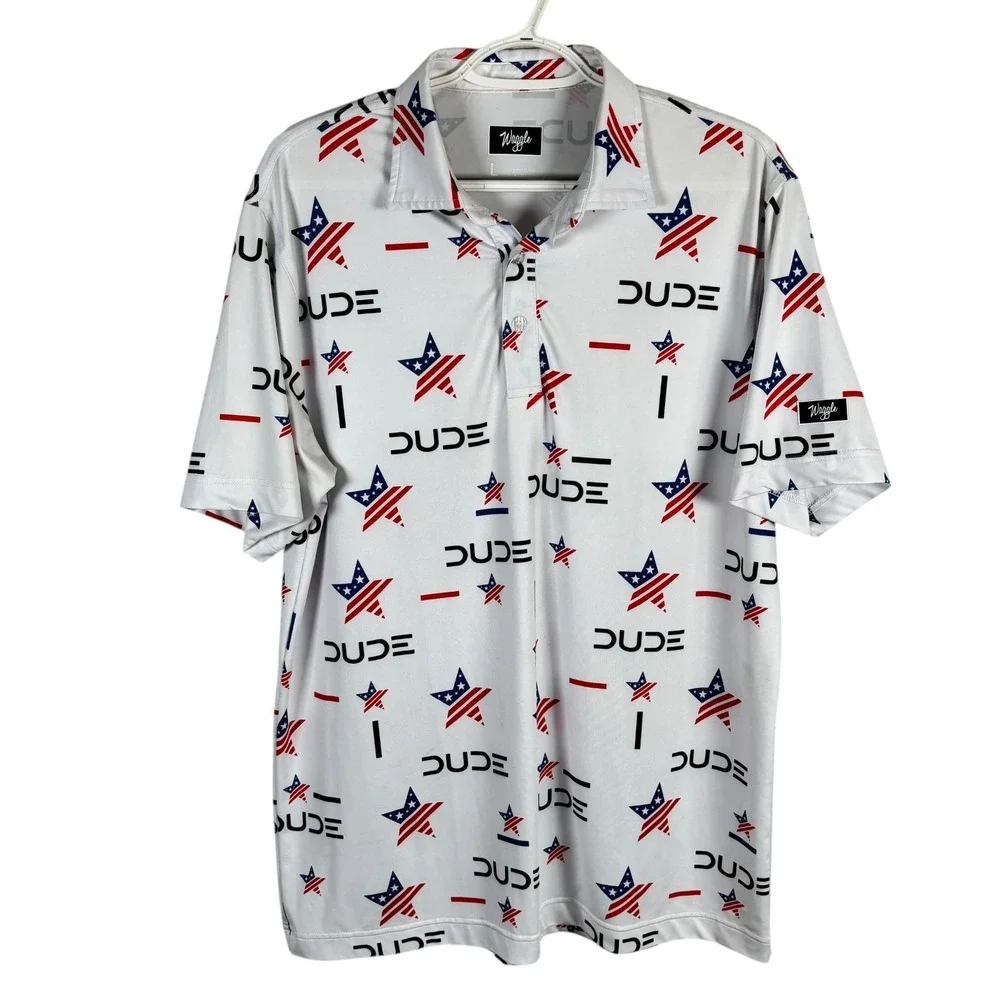 Waggle Performance Golf Polo‎ Shirt Dude Wipes USA Stars Mens L Stretch S/S read - Picture 2 of 10